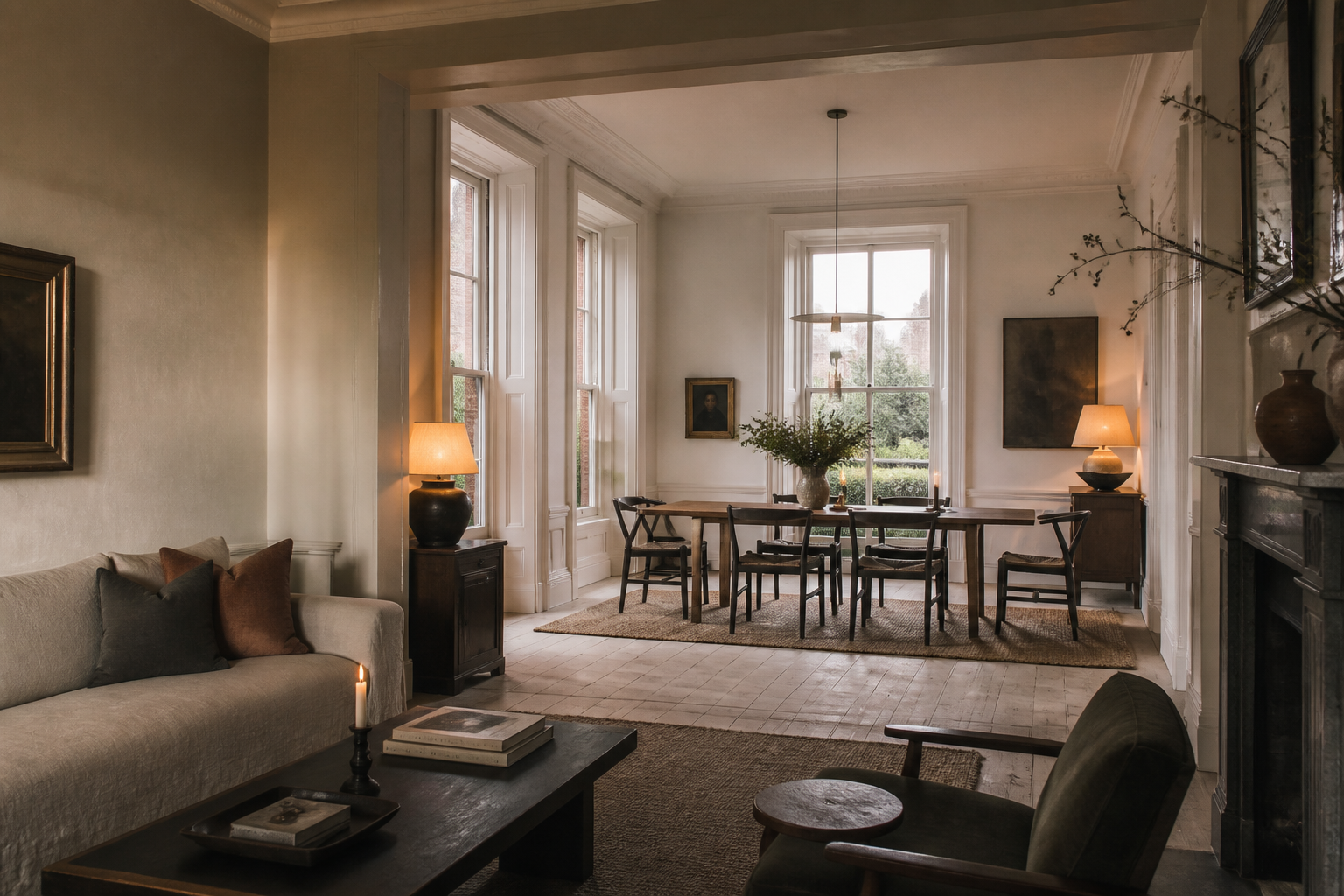 Warm British townhouse dining and living space